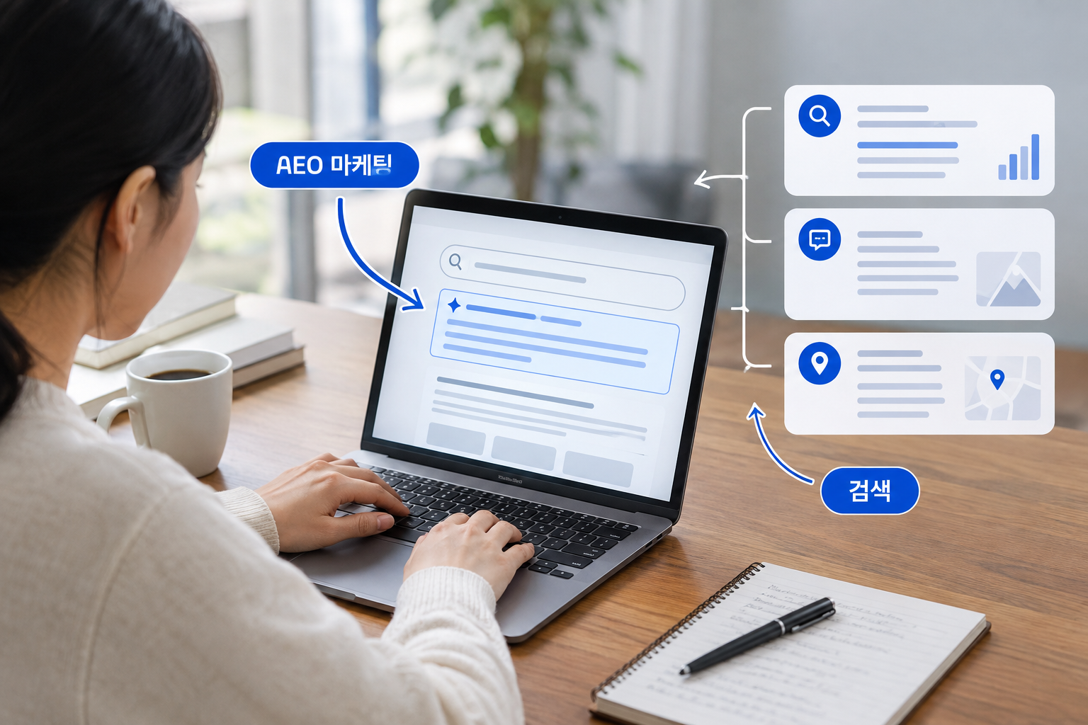 SEO·AEO·GEO가 각각 검색 순위, 질문 즉답, AI 인용이라는 서로 다른 자리를 겨냥한다는 점과 AEO 페이지 만드는 법을 설명하는 글