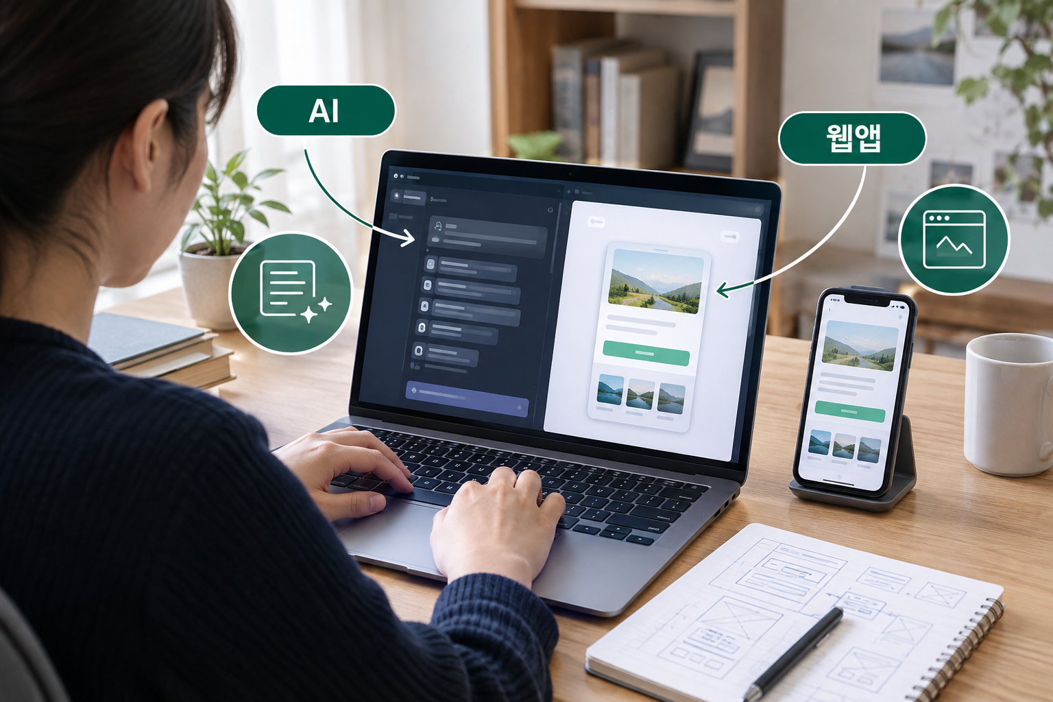 코딩 없이 AI로 결제되는 웹 서비스를 만드는 6회 과정의 단계별 흐름과 교육 전후 변화를 보여 주는 설명