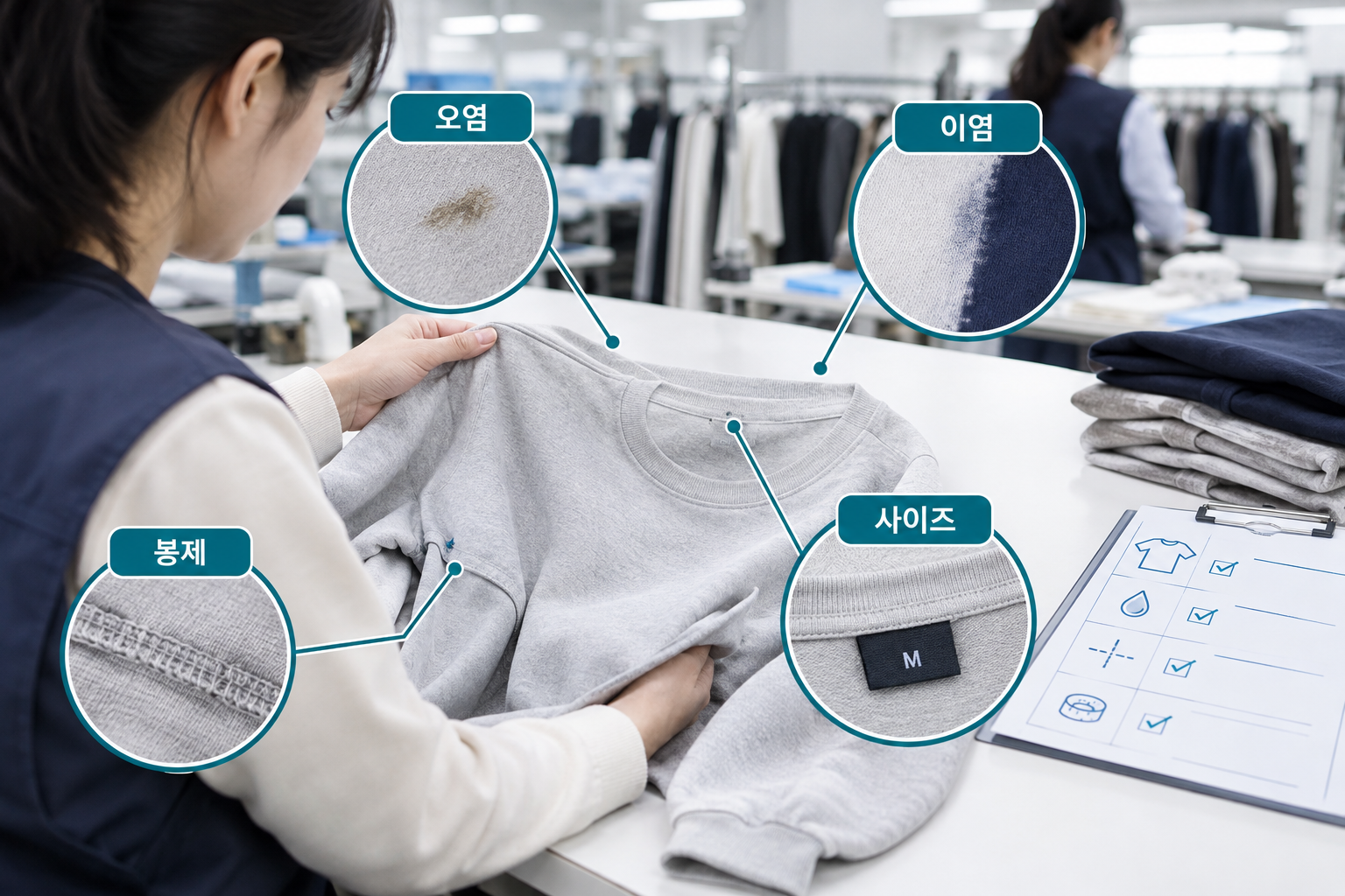 의류 검품대에서 오염·이염·봉제·원단·사이즈 5대 기준으로 옷을 한 점씩 확인하는 패션 풀필먼트 검품 공정