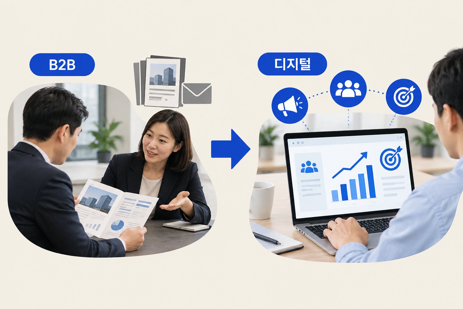 흩어진 B2B 거래 데이터가 하나로 모여 자동 분석과 대시보드로 이어지는 디지털전환의 흐름을 담은 추상 표현