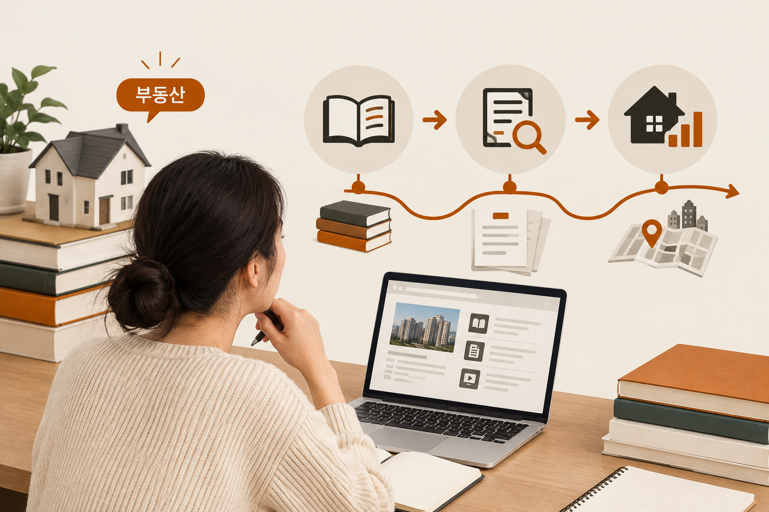 부동산을 처음 배우는 사람이 용어와 권리, 거래 절차를 순서대로 익히고 공식 실거래가 창구로 사실을 확인하는 학습 흐름을 담은 주제