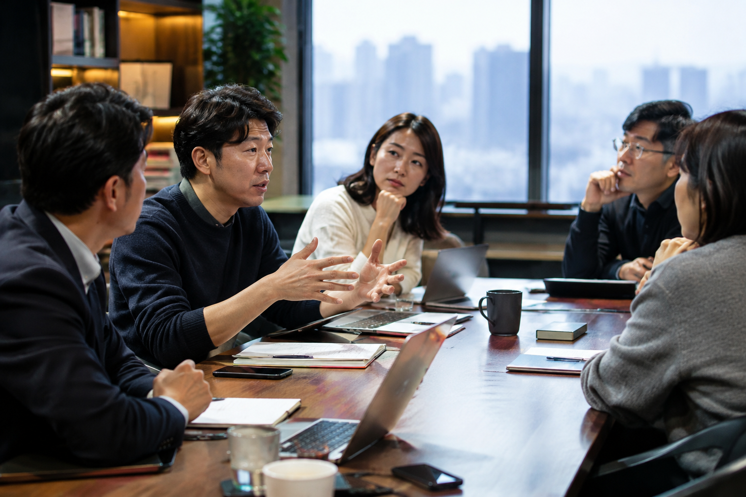 강남역 인근에서 열리는 사업가 모임 제1회의 브리핑과 테이블 로테이션 네트워킹 구성을 설명하는 이미지