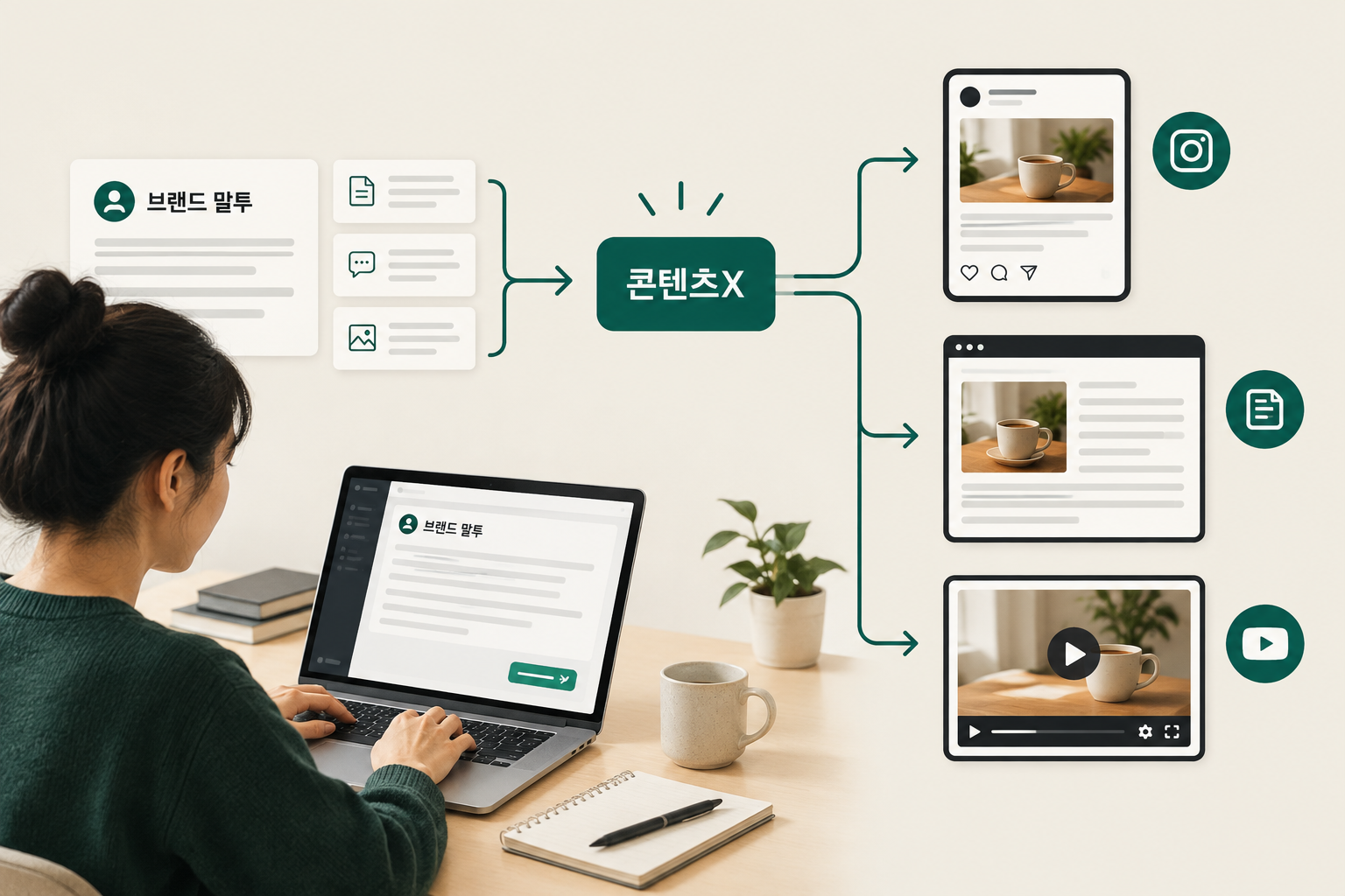 브랜드 말투를 학습해 블로그·인스타그램·스레드 원고를 채널별로 만들고 드라이브로 배송하는 AI 콘텐츠 자동화 서비스 콘텐츠X를 설명하는 표지