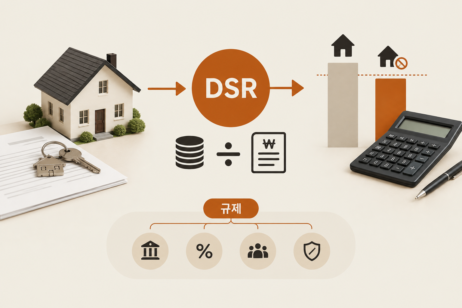 주택 잔금대출 한도가 소득과 기존 부채, 담보 가치라는 여러 조건으로 결정되는 DSR 규제 구조를 다룬 해설
