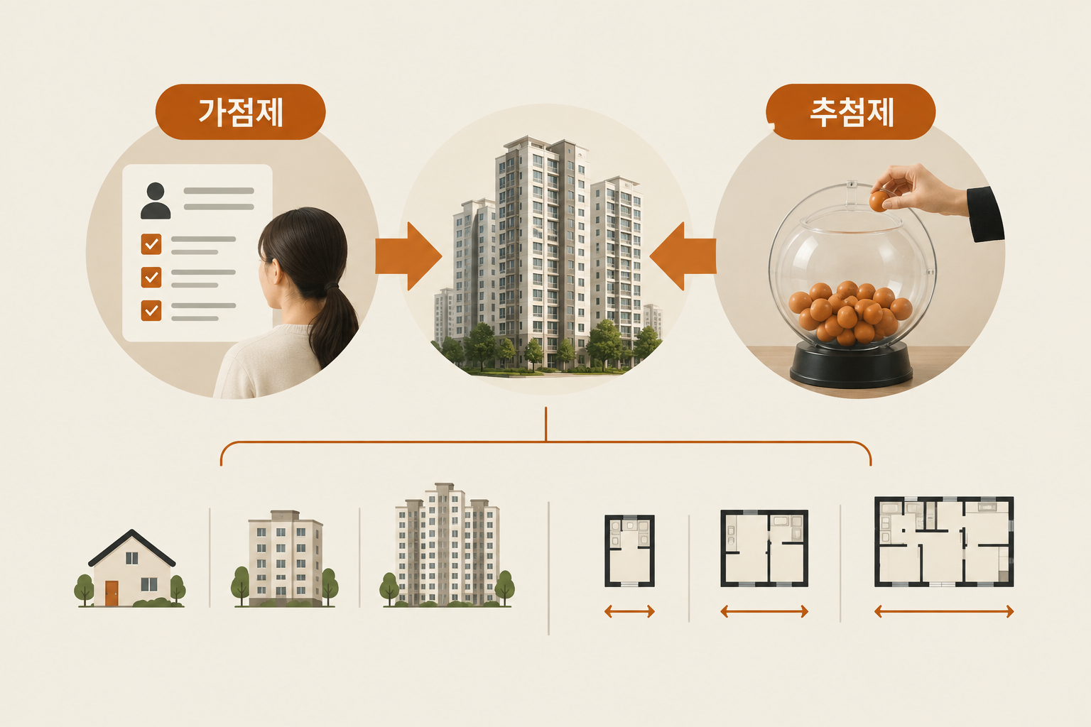 주택 청약에서 가점제와 추첨제 비율이 주택 유형과 규제지역, 전용면적 기준에 따라 나뉘는 배분 구조를 담은 커버