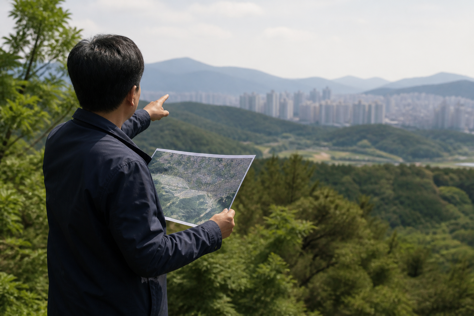 개발제한구역과 그린벨트 해제가 법률·대통령령·시행령의 단계를 거쳐 정해지는 구조를 표현한 추상 구성