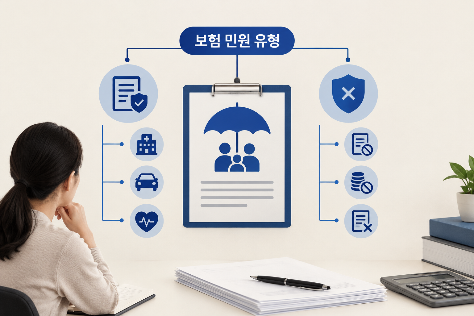 보험 민원이 보험금 산정·지급, 면책·부책 결정, 모집, 고지의무 위반 네 유형으로 나뉘고 2026년 상반기 42% 늘었음을 보여 주는 정리