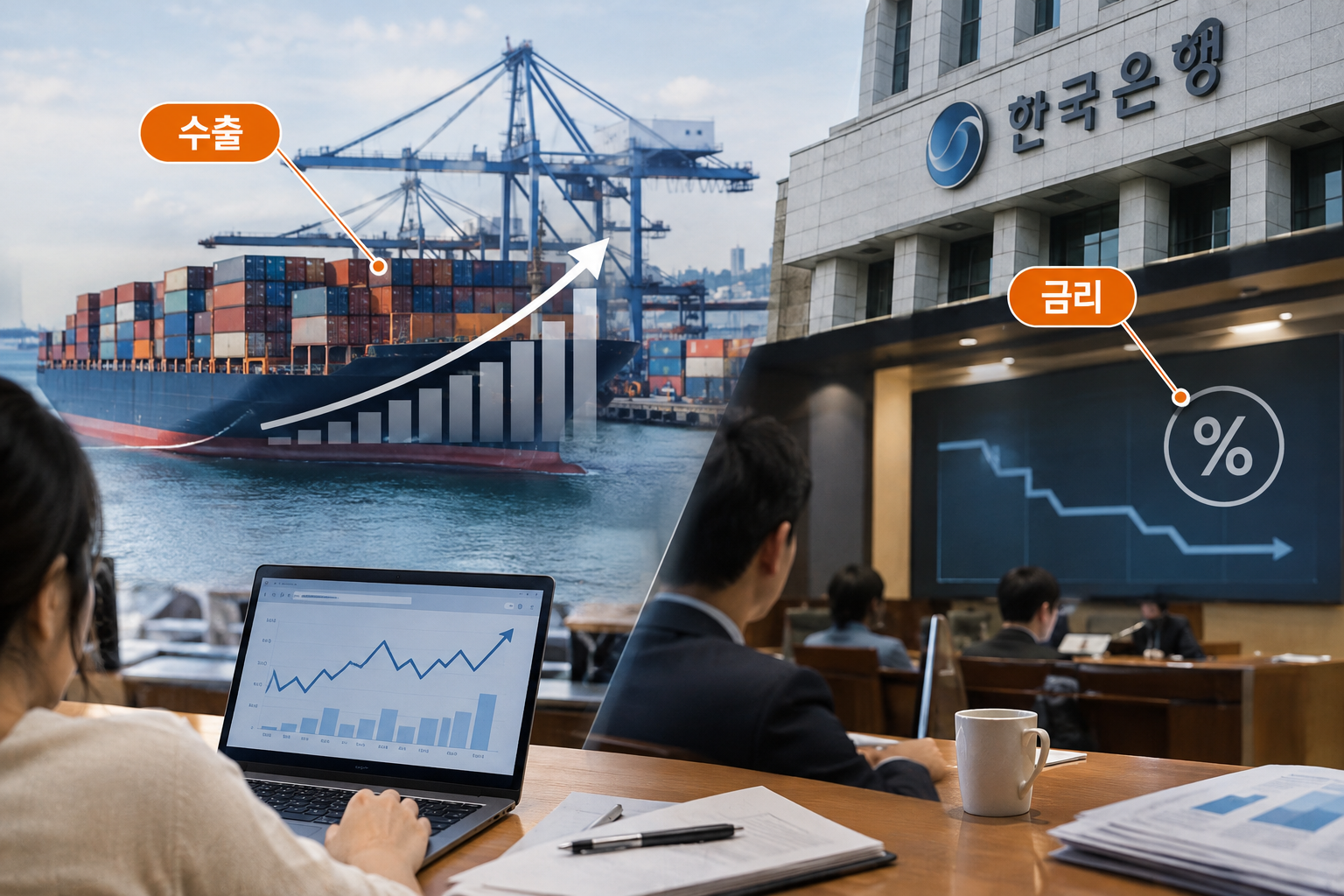 2026년 10월 1~10일 한국 수출이 1년 전보다 102.0% 늘고 한국은행이 10월 22일 금리를 결정하는 상황을 설명하는 카드뉴스