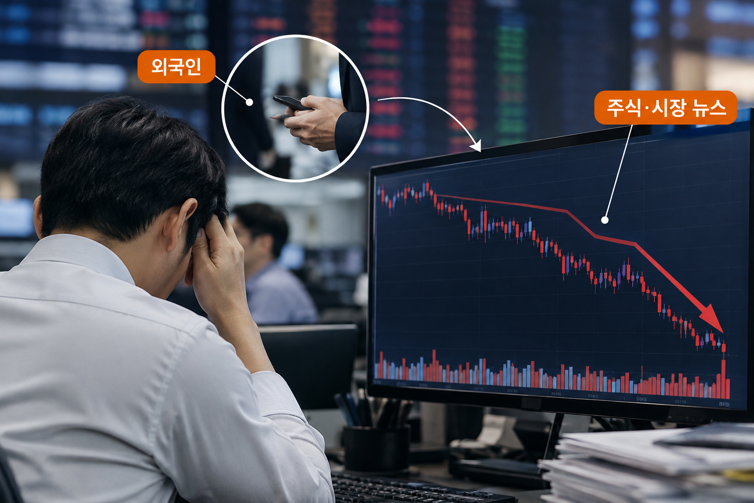 2026년 10월 12일 코스피가 3.65% 하락한 6384.24로 마감하고 외국인이 2488억원을 순매도한 증시 급락 상황