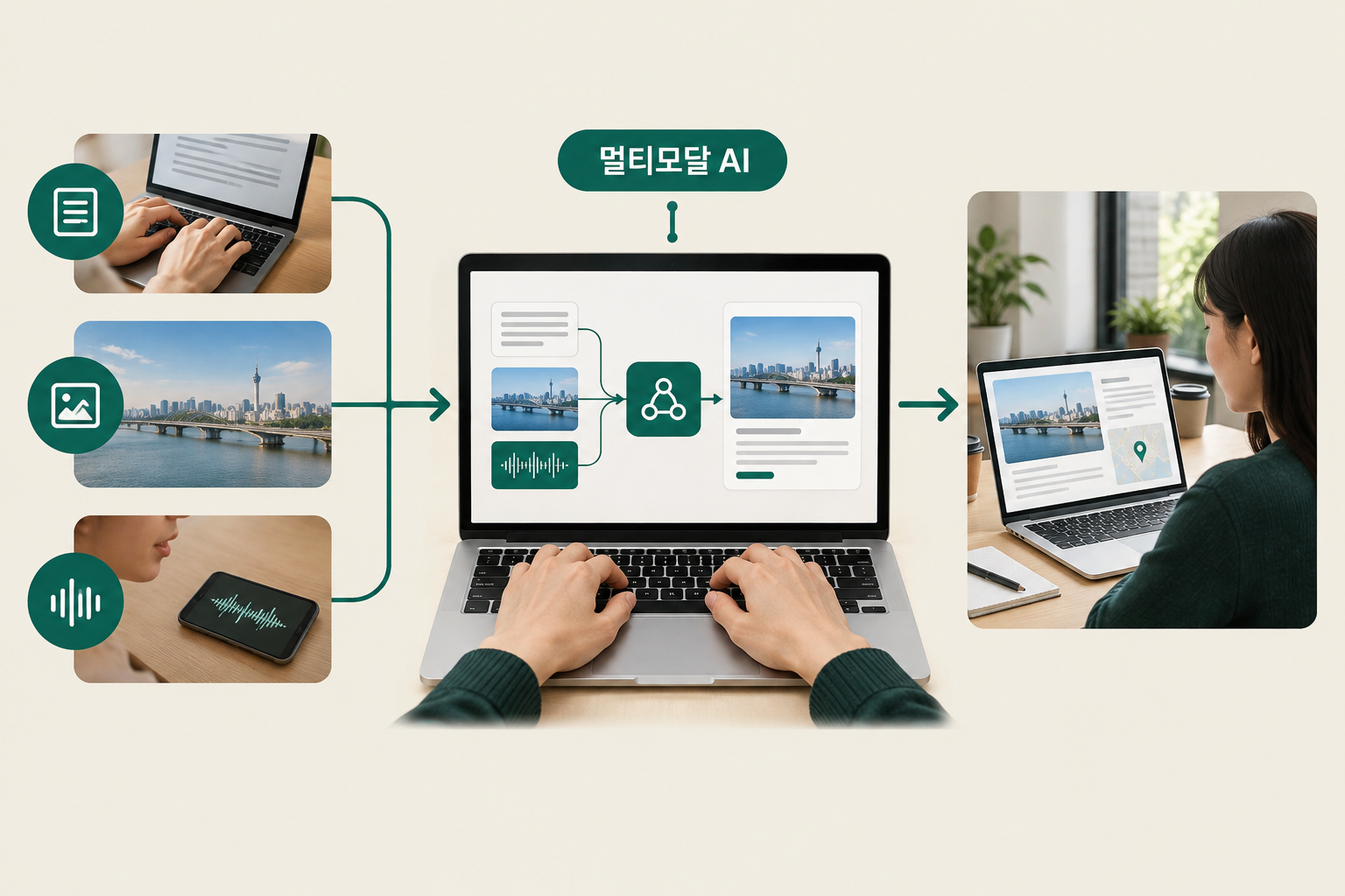 텍스트와 이미지, 음성 데이터가 하나의 표현 공간으로 모여 함께 처리되는 멀티모달 AI의 통합 구조를 담은 추상 표현