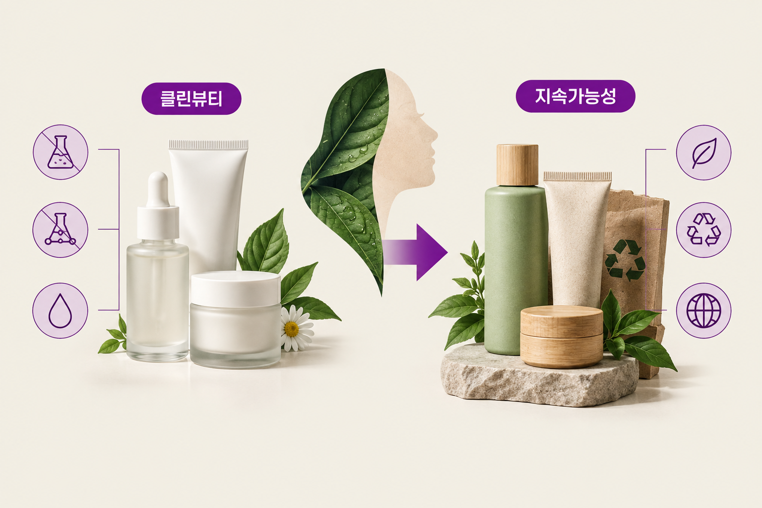 클린뷰티의 성분 중심 기준이 용기·원료·윤리까지 넓어지는 지속가능성 뷰티 트렌드의 확장 흐름을 담은 커버