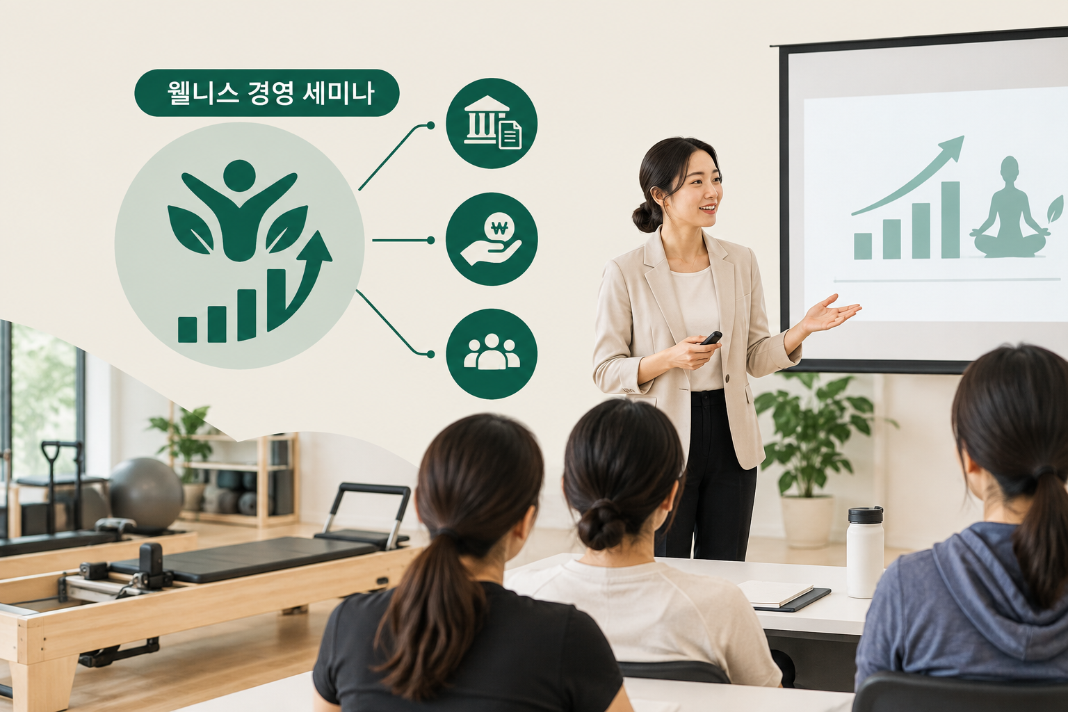 피트니스·필라테스·요가 센터 운영자가 웰니스 경영 세미나에서 2026 산업 트렌드와 정부지원자금, AI 추천 진단을 정리하는 모습