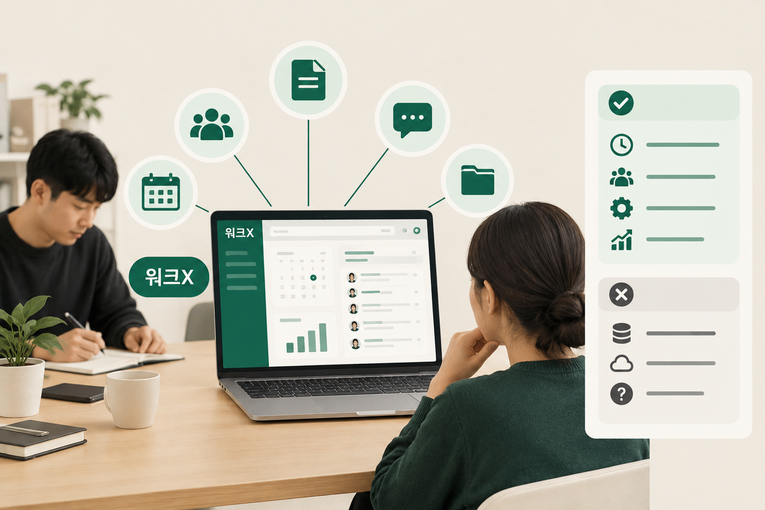 소규모 팀이 워크X 대시보드로 업무·재무·마케팅을 한 화면에서 관리하며 AI 요약을 확인하는 업무 콘솔 개념